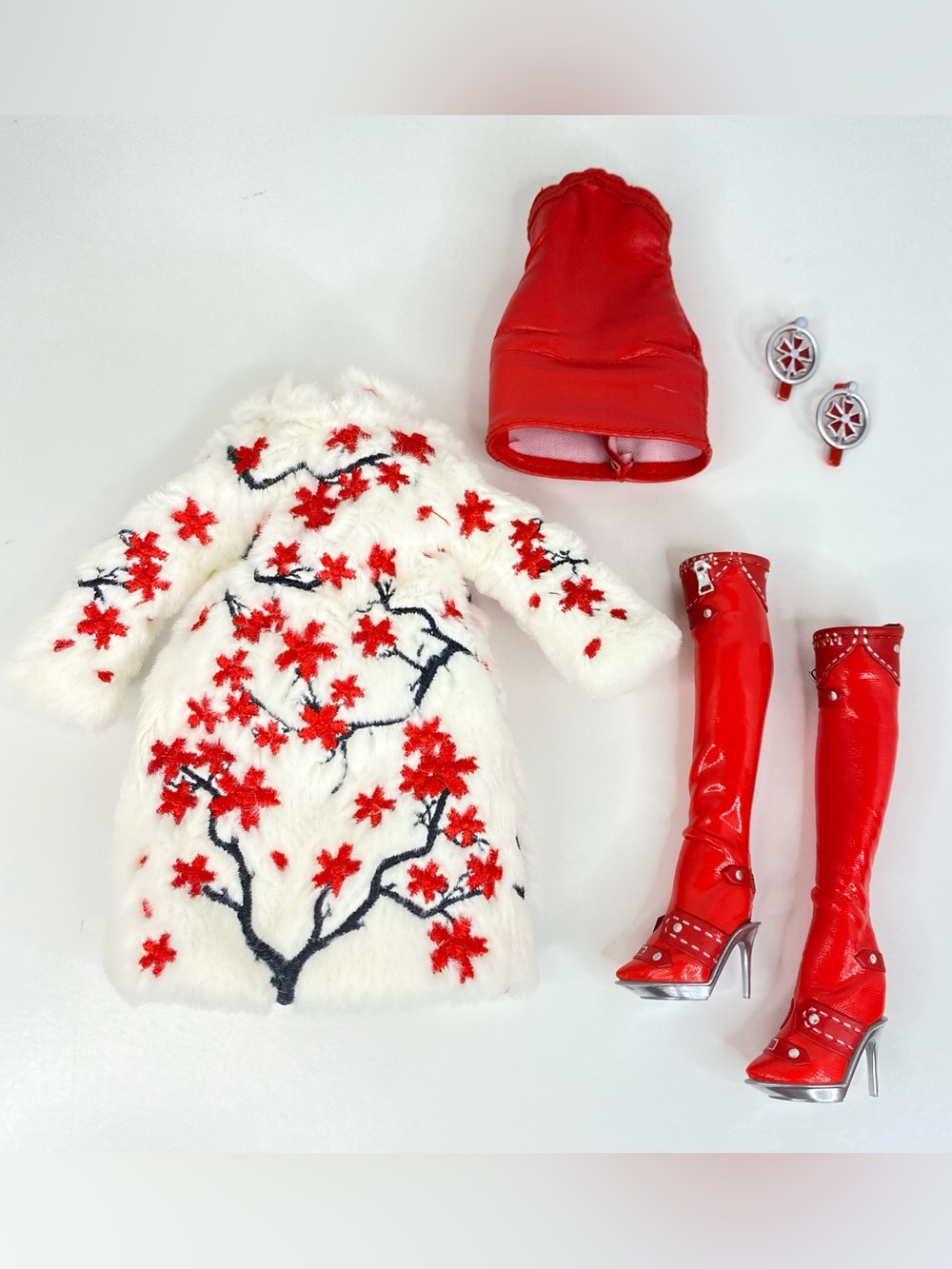 Rainbow High Rosie Redwood Cherry Blossom Coat Faux Leather Boots Dress Earrings